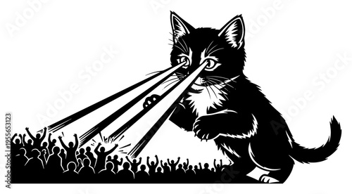 Giant kitten shooting laser beams from eyes onto crowd of people in bold graphic style