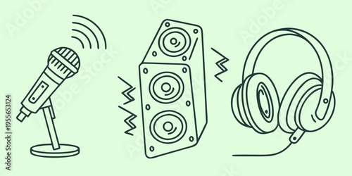 Microphone speaker and headphones on green background audio equipment sound system