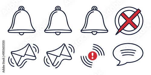 Notification including bells and envelopes on white background notification bells