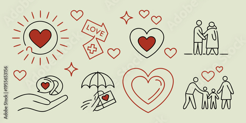 Red heart symbols and people on beige background love family couple