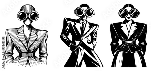 Group of stylish people in suits wearing oversized round goggles in noir comic style