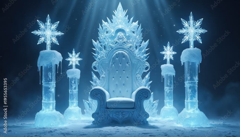 Fototapeta premium Ornate ice throne with large snowflake decorations on pillars sits in snowy landscape. Cold winter fantasy scene with frosted elements and glowing blue light.