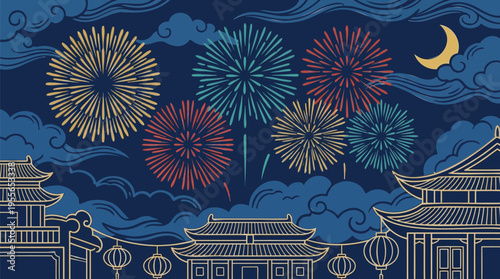 Festive night in traditional Asia with colorful fireworks illuminating temples and lanterns under a serene crescent moon