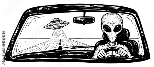 Grey alien driving car with ufo flying over desert road in vintage line art style