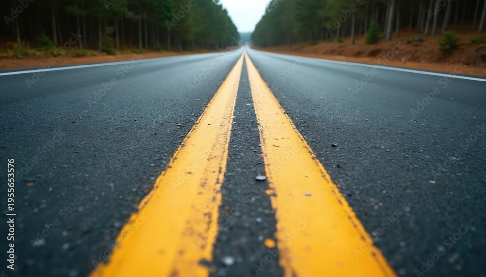 Obraz premium Empty asphalt road with double yellow lane lines vanishing into distance. Pine trees line highway sides. Roadway surface is clean and smooth. Transportation concept.