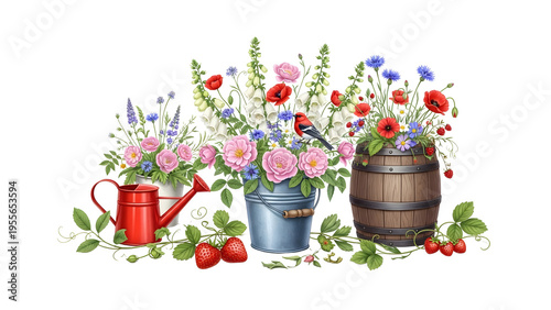 English Country Garden Arrangement with Foxgloves, Poppies, Strawberries, and Songbird on Transparent Background