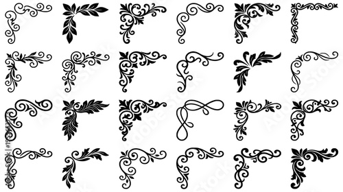Collection of ornamental floral corners with baroque filigree and swirl leaf motifs for decorative borders