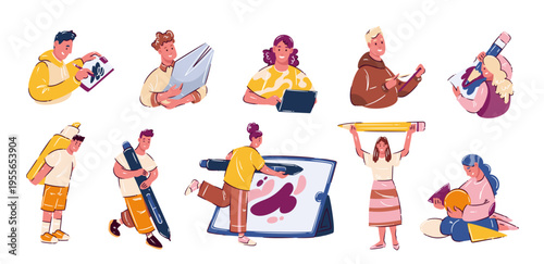 Creative designers cartoon set with illustrators and graphic designers using tablet, stylus, pencil, sketchbook, canvas and shapes. Design profession, creative workflow, cartoon vector illustration.