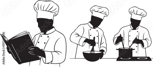 Three chefs engaged in cooking activities in a kitchen setting