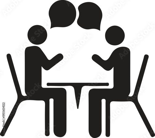 A black and white pictogram showing two people sitting at a table engaged in a deep conversation Vector, illustration