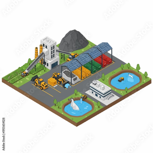 Isometric Industrial Mining and Processing Plant with Heavy Machinery and Water Ponds.