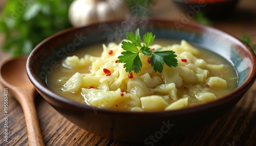 Hot cabbage soup in rustic bowl with parsley garnish. Hearty dish steaming on wooden table, served with spoon. Comforting homemade meal preparation.