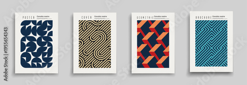 Collection of color abstract posters with geometric shapes and striped ornament. Modern art covers, backgrounds, placards, brochures, banners, flyers, presentation template