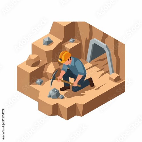 Isometric Miner Working in a Mine with Pickaxe and Helmet.