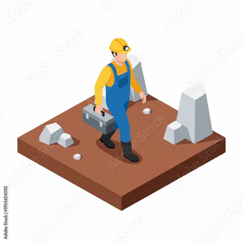 Isometric Miner with Toolbox and Hard Hat.