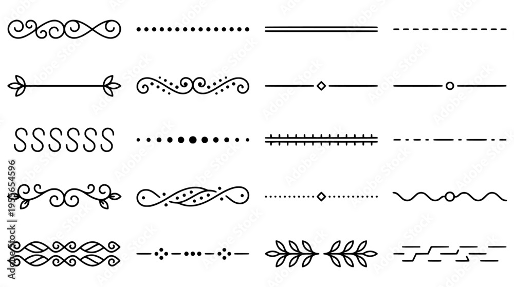 Obraz premium Set of elegant black line dividers with swirls leaves and geometric patterns for wedding invitations