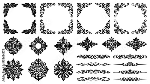 Set of black vintage floral scrollwork corners dividers and ornate filigree center ornaments