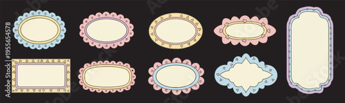 Collection of decorative vintage frames and labels on a dark background