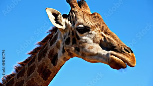 Close-up of a giraffe's head against blue sky.