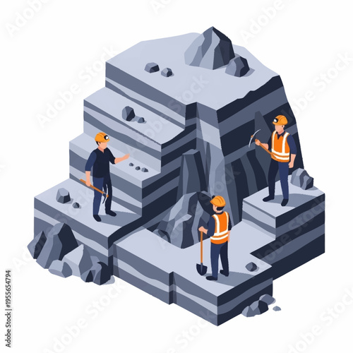 Isometric Mining Operation with Workers and Rock Layers.