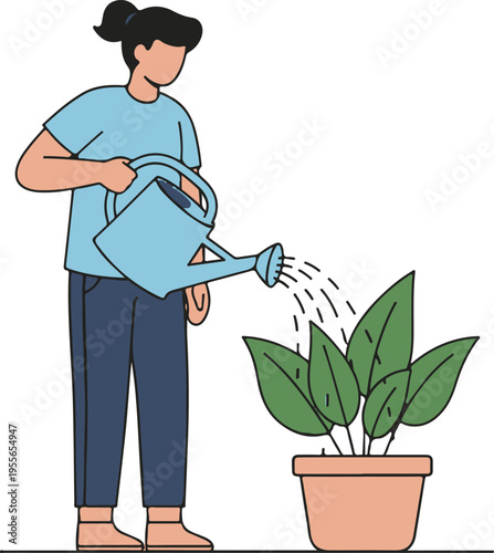Woman watering a potted plant with a blue watering can