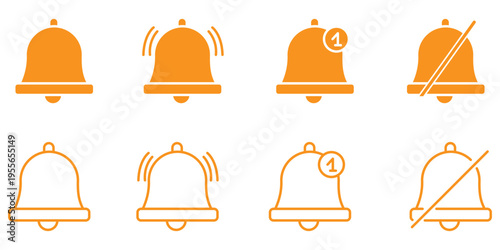 Ringing notification bell icons, alarm and smartphone alert symbols, new message and reminder illustrations, shaking bell to notify, editable vector set, flat and stroke style, modern notification and
