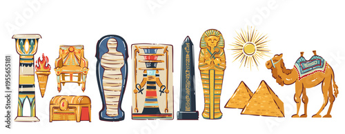 Ancient Egyptian artifacts set with sarcophagus, mummy, throne, obelisk, pyramids, camel, sun symbol and ritual objects, traditional ancient Egypt items in cartoon doodle style, vector illustration