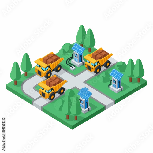 Isometric view of mining dump trucks and charging stations in a green landscape.