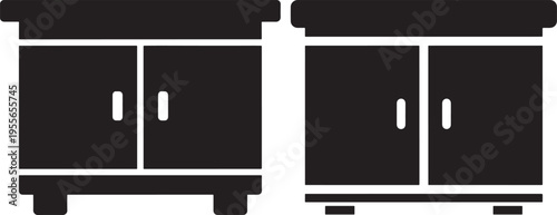 Cabinet icon set, furniture symbol, black and white silhouette, for storage or interior design