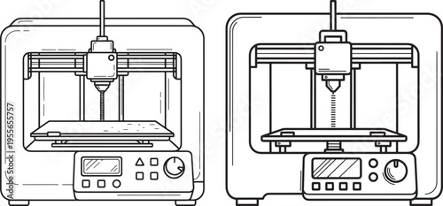 Two 3D Printers, One Working and One Schematic, Line Art Illustration of Advanced Technology for Manufacturing and Prototyping, 3d Printer