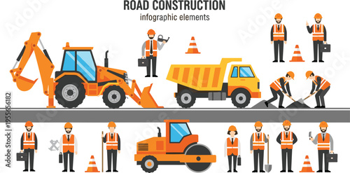 Road Construction Vector Set with Workers, Excavator, Dump Truck, Roller, Safety Cones and Infrastructure Building Illustration Collection
