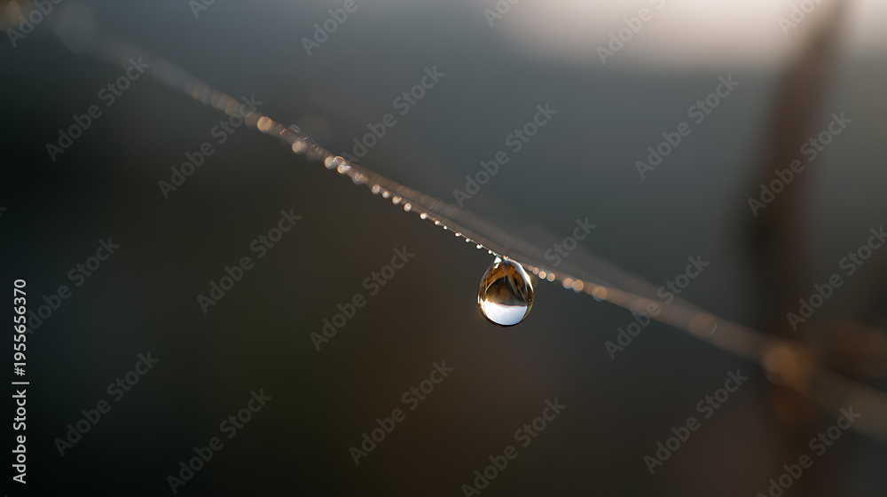 Fototapeta premium Delicate Morning Dewdrop on a Fine Thread with Sparkling Light and Reflective Surface in a Softly Blurred Natural Environment