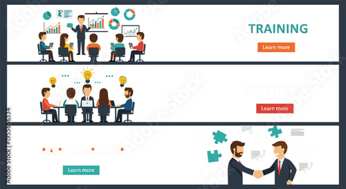 Business Training and Meeting Banner Set with Team Discussion, Presentation, Brainstorming and Partnership Handshake Flat Vector Illustration