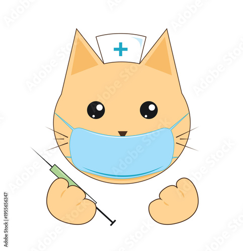 Cartoon illustration of a medical cat wearing a white nurse hat with a blue cross and a protective face mask. The cat holds a syringe in one paw and looks friendly. Suitable for healthcare, vaccinatio