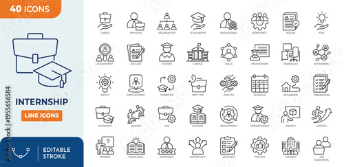 Internship icon set. Contain icons related to apprentice, experience, employee, train, transition, skill, work learn, and more. Editable stroke. Vector illustration