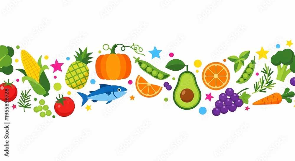 Fresh fruits and vegetables seamless border vector illustration healthy eating nutrition diet