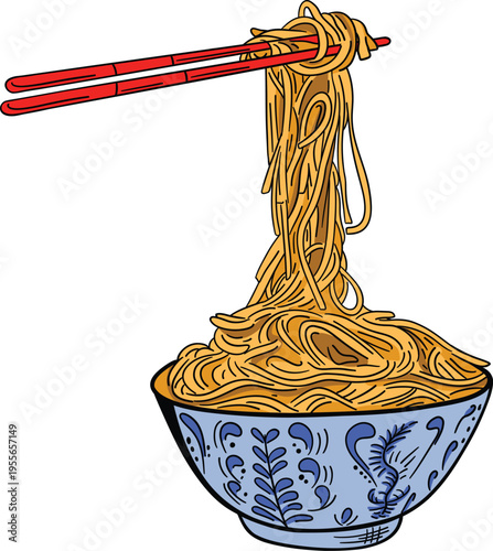 Vector illustration of noodles in detailed porcelain bowl with chopsticks 