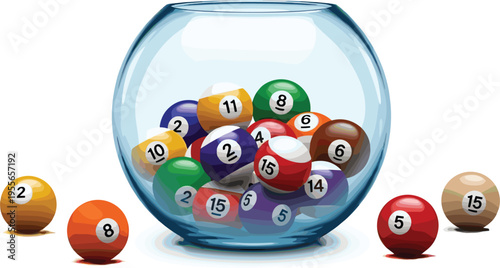 Billiard Balls in Glass Bowl Vector Illustration with Pool Game Elements, Colorful Snooker Balls Collection Isolated on White Background