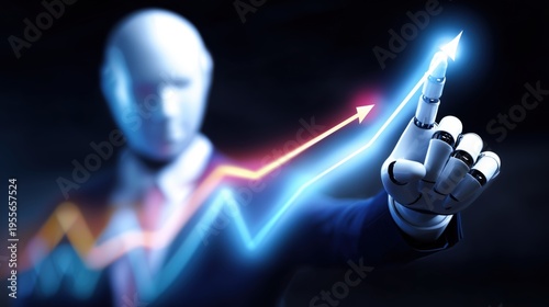 Automated fintech and AI decision intelligence for trading optimization, humanoid robot interacting with financial data