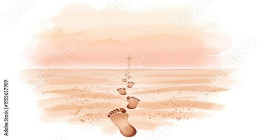 A symbolic illustration of footprints leading to a cross on a serene landscape