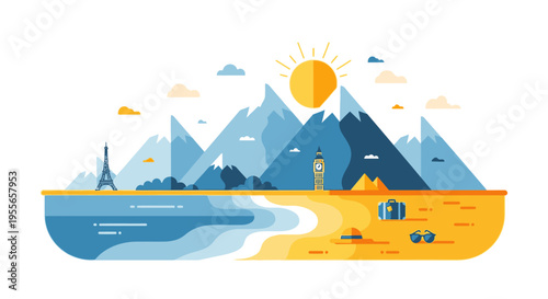 A sunny day with mountains, beach, ocean, lighthouse, and Eiffel Tower