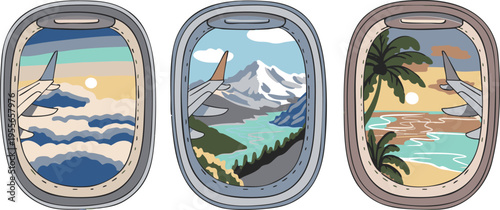 Airplane Window Views Set with Different Landscapes Travel Illustration