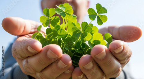 Close up view of cupped hands holding bunch of fresh green shamrocks against clear blue sky representing luck and growth during spring season time
