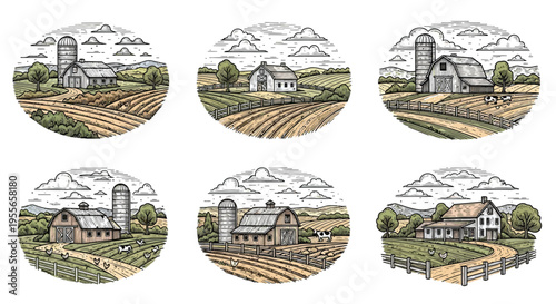 Six circular illustrations depict vintage farm scenes with barns fields and livestock