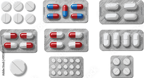 Medicine Pills and Capsules Blister Pack Vector Illustration Set with Tablets, Healthcare Pharmaceutical Drugs Collection Isolated on White Background