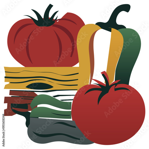 Wrinkled Bell Peppers and Whole Heirloom Tomato Minimalist Vector. Technical minimalist vector illustration of a whole heirloom tomato and two wrinkled bell peppers with intricate layered textures. 