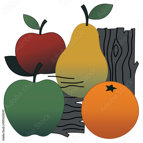 Retro-Futurist Fruit Still Life with Apples, Pear and Orange. Minimalist vector illustration of two apples, a pear, and a whole orange arranged with textured elements inspired by layered wood bark. 