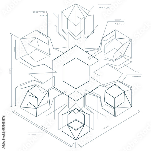 Hexagonal Quantum Lattice Geometric Technical Blueprint. Symmetrical hexagonal lattice structure representing a quantum molecular or crystalline arrangement. 