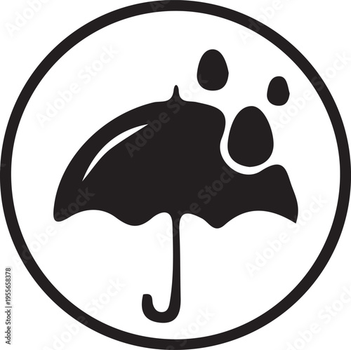 A minimalist black and white circular icon featuring a stylized umbrella with falling raindrops