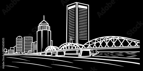 USA, US, U.S, United States - Jacksonville skyline river minimal svg simple line vector black white 